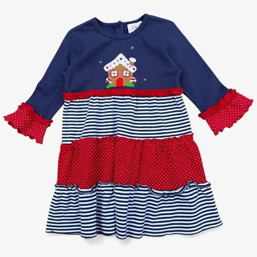 Luigi Kids Girls Dress 4T Navy Red Gingerbread Christmas Holiday Striped Festive